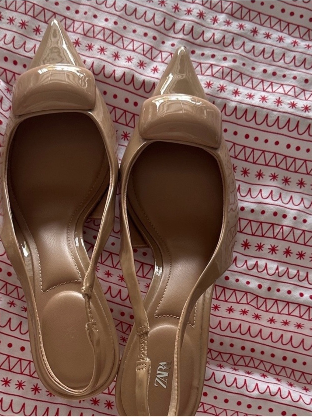 Zara Beige Patent Pointed-Toe Slingback Flats